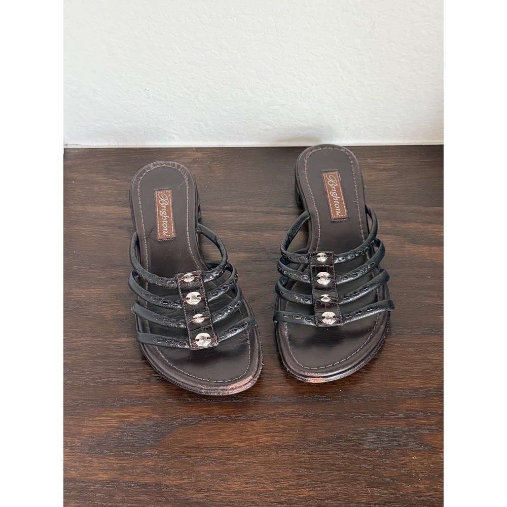 Brighton Odyssey Black Leather Strappy Heart Concho Slide Sandals Womens 8.5M